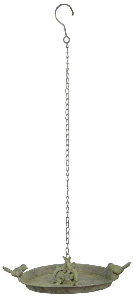 Aged Green Metal Hanging Bird Bath with Decorative Birds