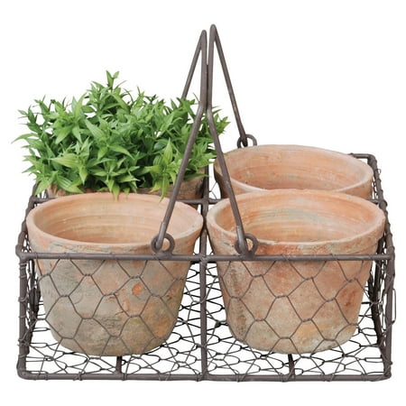 Esschert Design AT12 Aged Terracotta 4 Flowerpots in Metal Basket with Handle