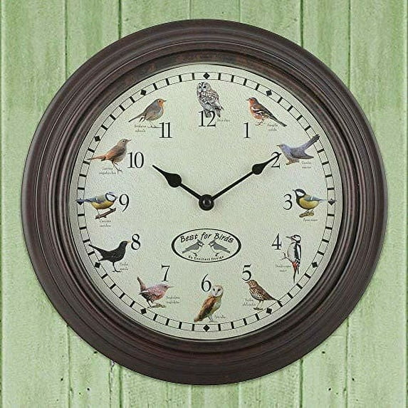Esschert Design (#FB416) Bird Sounds Clock, Dark Brown, 12-inch diameter, with 12 bird images