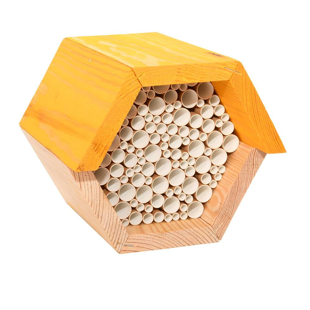 Hexagonal Yellow Pine Wood Bee House with Paper Straws