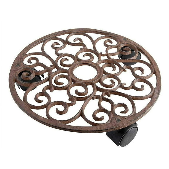 Esschert Design Round Cast Iron Plant Trolley – Heavy-Duty Indoor & Outdoor Plant Stand with Wheels
