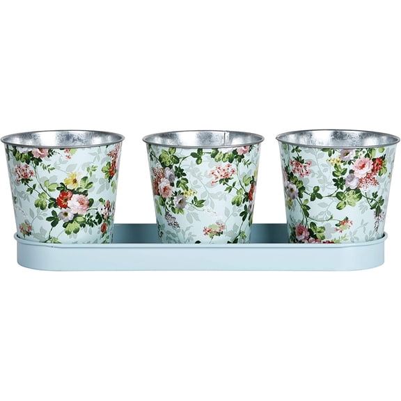 Esschert Design RD49 Rose Print Set of 3 Flower Pots on Tray, Multicolor