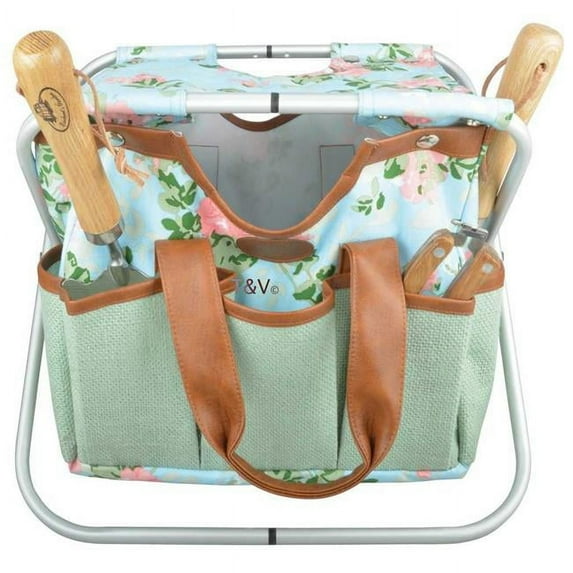 Esschert Garden Storage Stool and Detachable Bag with Multiple Pockets Portable Weeding Seat 13.7 H Multicolor