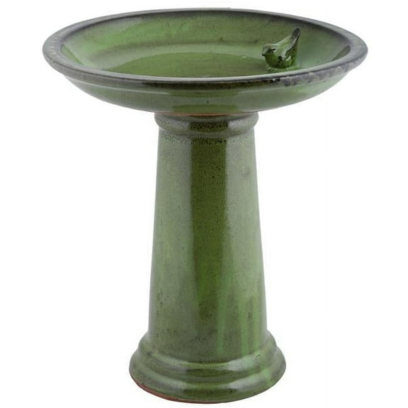 Esschert Design USA  Ceramic Bird Bath on Pedestal with Bird, Green
