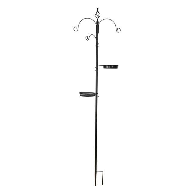Black Metal Post Mounted Bird Feeding Station with Bowls