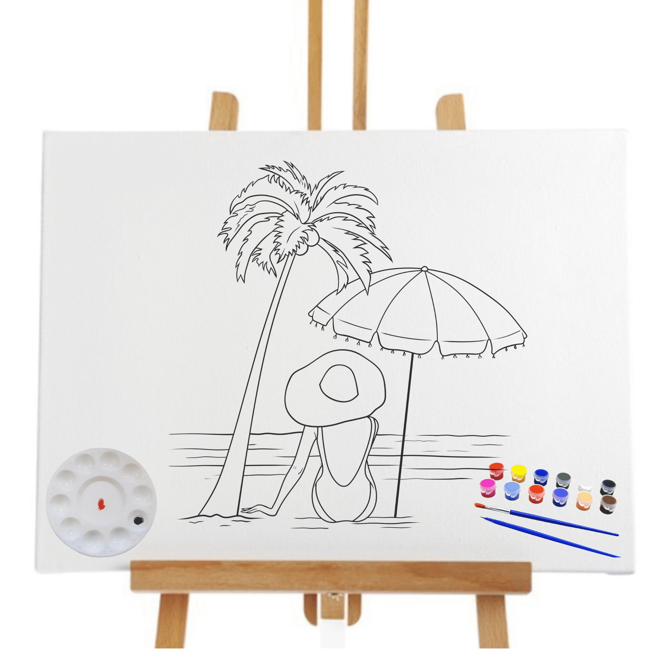Essenburg Pre Drawn Canvas Beach Lady Small 8x10 DIY Paint Stretched Canvas on Wooden Frame Line Art Drawing Canvas Only, White