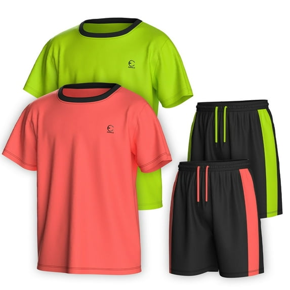 Essenclo Boys Clothing Sets Tagless Loose Athletic Performance Crew Neck T-Shirt and Short Outfits Size 3-16 (4 Piece Set)
