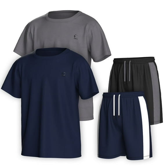 Essenclo Boys Clothing Sets Tagless Loose Athletic Performance Crew Neck T-Shirt and Short Outfits Size 3-16 (4 Piece Set)