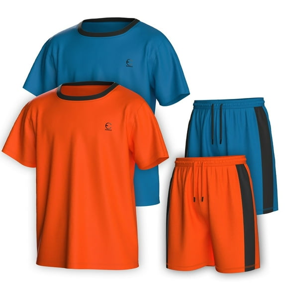 Essenclo Boys Clothing Sets Tagless Loose Athletic Performance Crew Neck T-Shirt and Short Outfits Size 3-16 (4 Piece Set)