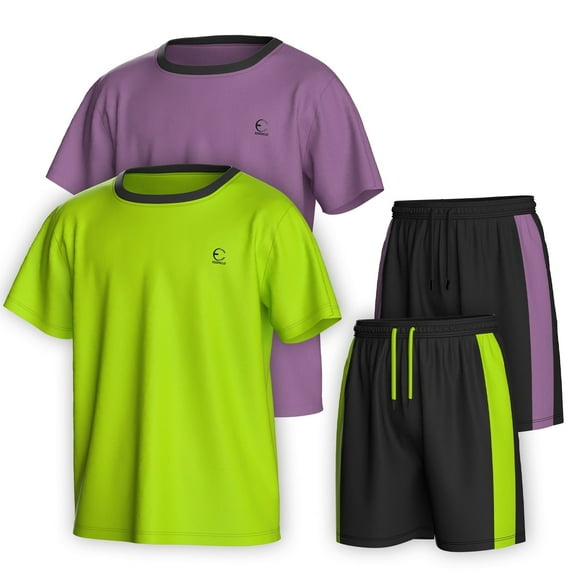 Essenclo Boys Clothing Sets Tagless Loose Athletic Performance Crew Neck T-Shirt and Short Outfits Size 3-16 (4 Piece Set)