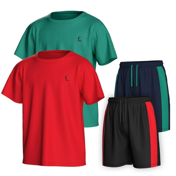 Essenclo Boys Clothing Sets Tagless Loose Athletic Performance Crew Neck T-Shirt and Short Outfits Size 3-16 (4 Piece Set)