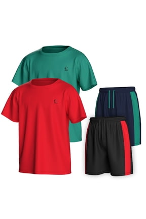 Boys Clothing Sets Tagless Loose Athletic Performance Crew Neck T-Shirt and Short Outfits Size 3-16 (4 Piece Set) - Set-7 - 9-10