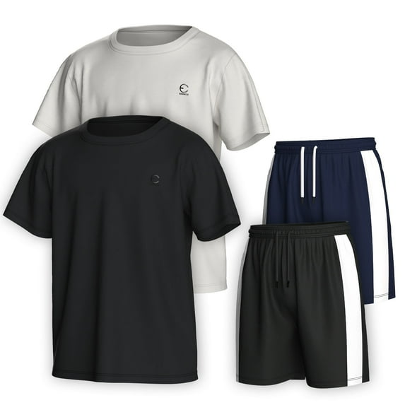 Essenclo Boys Clothing Sets Tagless Loose Athletic Performance Crew Neck T-Shirt and Short Outfits Size 3-16 (4 Piece Set)