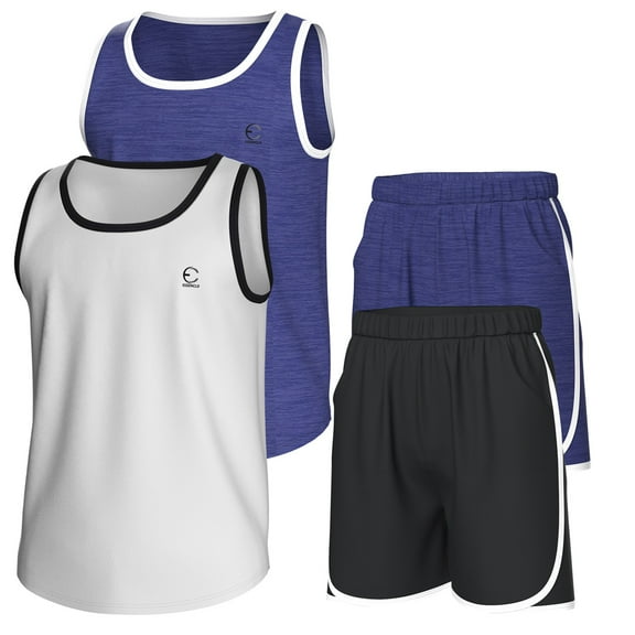 Essenclo Boys Clothing Sets, Athletic Crew Neck Sleeveless T-Shirt and Boys' Short Sets Outfits w/ Pockets 4 Pcs - Size 3-16