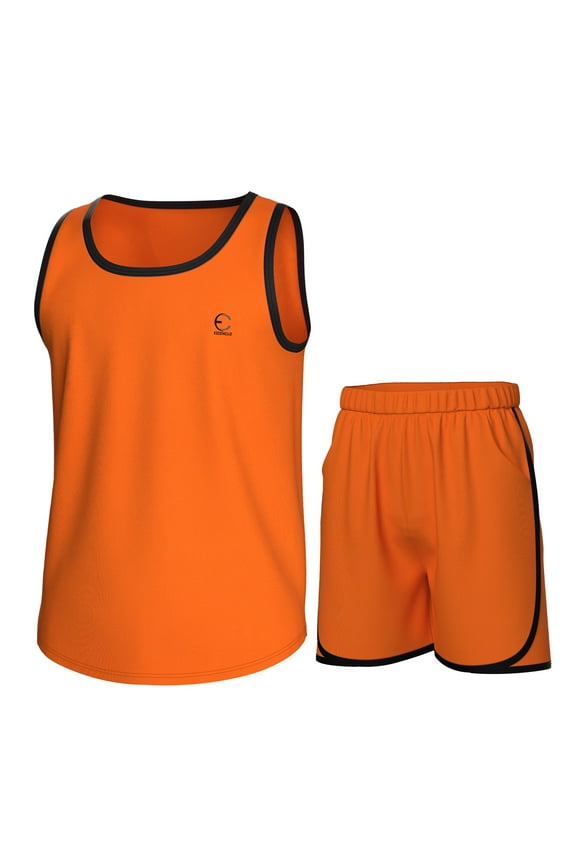 "Essenclo Boys Clothing Sets, Boys Athletic Shorts & Sleeveless Shirts, Crew Neck Kids Tank Top Clothes Size 3-16 (2 Pcs Set) - E1001 - Orange - 15-16"