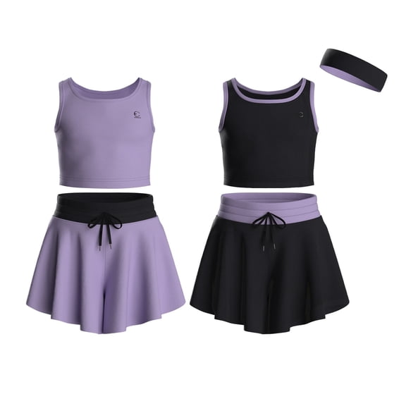 Essenclo Flowy Girls Butterfly Shorts Skirts w/Pockets & Athletic Sleeveless Tank Tops, Dance Tennis Cheer Running (5pc Set) - E2106 - Set-1 - 15-16