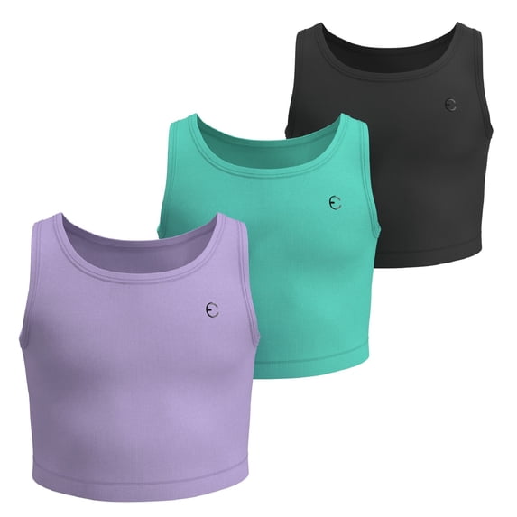 Essenclo Girls Athletic Crop Tank Tops, 3 Pack, Stretch Tops for Dance, Gymnastics, Yoga & Activewear