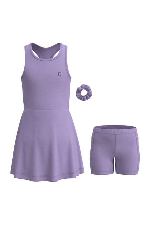 Girls Athletic Dress Set - Sleeveless Tennis Dance & Golf Kids Sport Outfit w/ Pockets & Scrunchie, 3 Piece Set