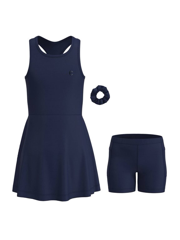Girls Athletic Dress Set - Sleeveless Tennis Dance & Golf Kids Sport Outfit w/ Pockets & Scrunchie, 3 Piece Set
