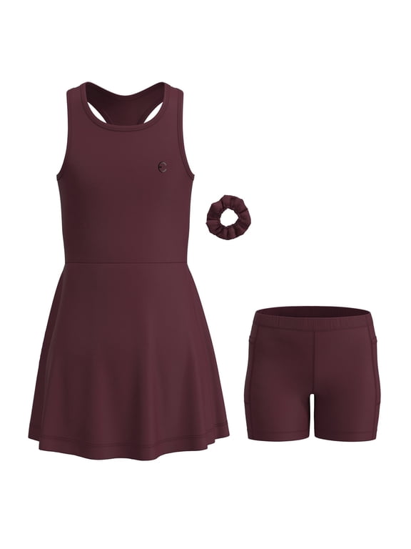 Girls Athletic Dress Set - Sleeveless Tennis Dance & Golf Kids Sport Outfit w/ Pockets & Scrunchie, 3 Piece Set