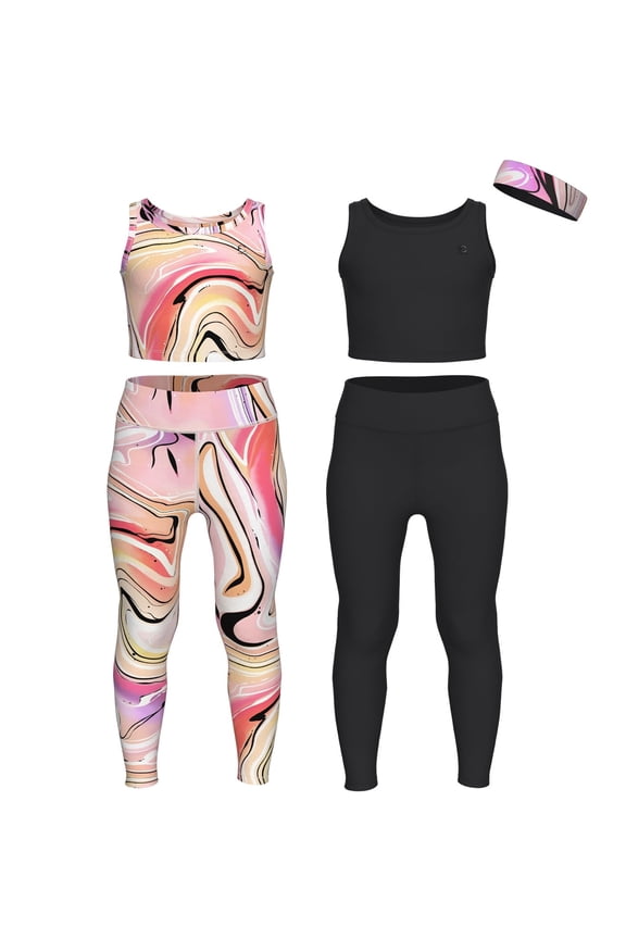 Girls Athletic Leggings Yoga Pants w/ Sleeveless Crop Tank Tops for Kids Workout Cheer Dance Run Sizes 3-16, 5pc Set