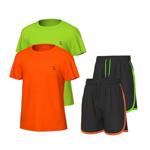Essenclo Girls Clothing Sets Tagless Loose Athletic Performance Crew Neck T-Shirt and Short Outfits Size 5-14 (4 Piece Set)