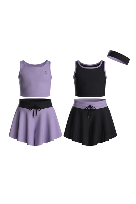 Flowy Girls Butterfly Shorts Skirts w/Pockets & Athletic Sleeveless Tank Tops, Dance Tennis Cheer Running (5pc Set) - E2106 - Set-1 - 7-8