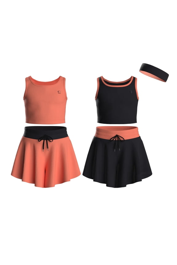 Flowy Girls Butterfly Shorts Skirts w/Pockets & Athletic Sleeveless Tank Tops, Dance Tennis Cheer Running (5pc Set)