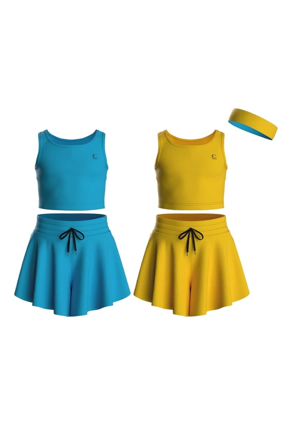 Flowy Girls Butterfly Shorts Skirts w/Pockets & Athletic Sleeveless Tank Tops, Dance Tennis Cheer Running (5pc Set)