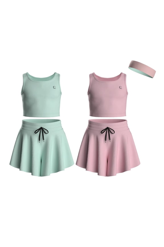 Flowy Girls Butterfly Shorts Skirts w/Pockets & Athletic Sleeveless Tank Tops, Dance Tennis Cheer Running (5pc Set) - E2106 - Set-9 - 13-14