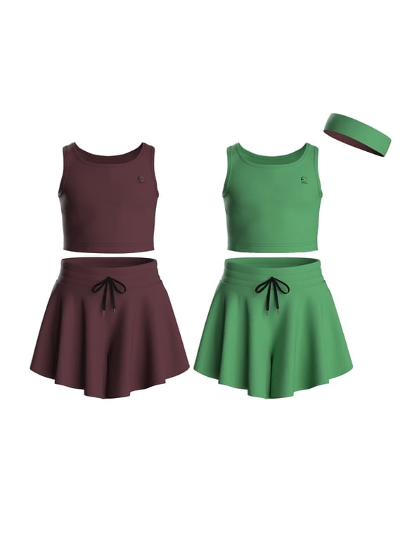 Flowy Girls Butterfly Shorts Skirts w/Pockets & Athletic Sleeveless Tank Tops, Dance Tennis Cheer Running (5pc Set)