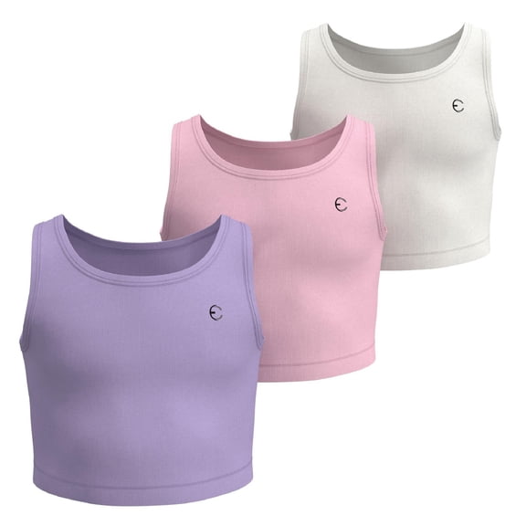 Essenclo Girls Athletic Crop Tank Tops, 3 Pack, Sleeveless Fitted Stretch Tops for Dance, Gymnastics, Yoga & Activewear, Ages 3-16