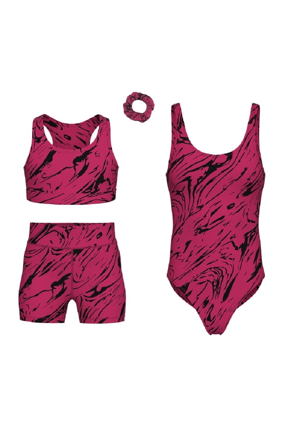 "Essenclo Girls Gymnastics Leotards w/ Shorts Set - 4-Piece Girls Unitards Biketards Outfit for Dance, Tumbling & Activewear - E2112 - S5 - 7-8"