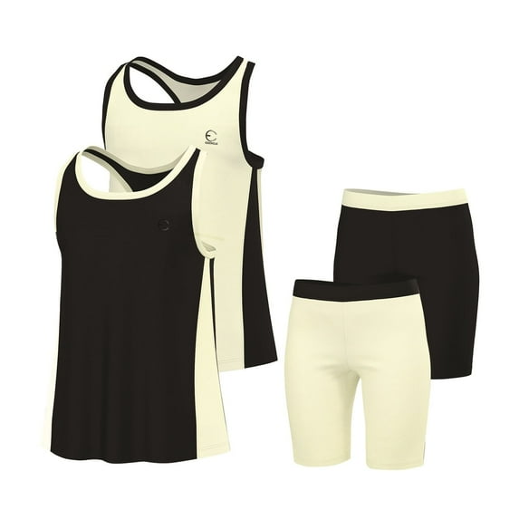 Essenclo Girls Summer Set, Tank Top and Athletic Shorts, 4 Pc Set - Cream Black
