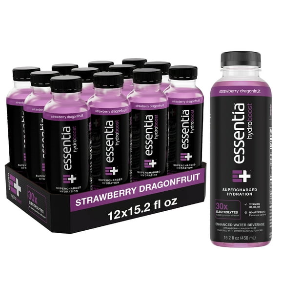 Essentia Hydroboost Enhanced Flavored Bottled Water, Strawberry Dragonfruit, 450 ml, 12 Bottles