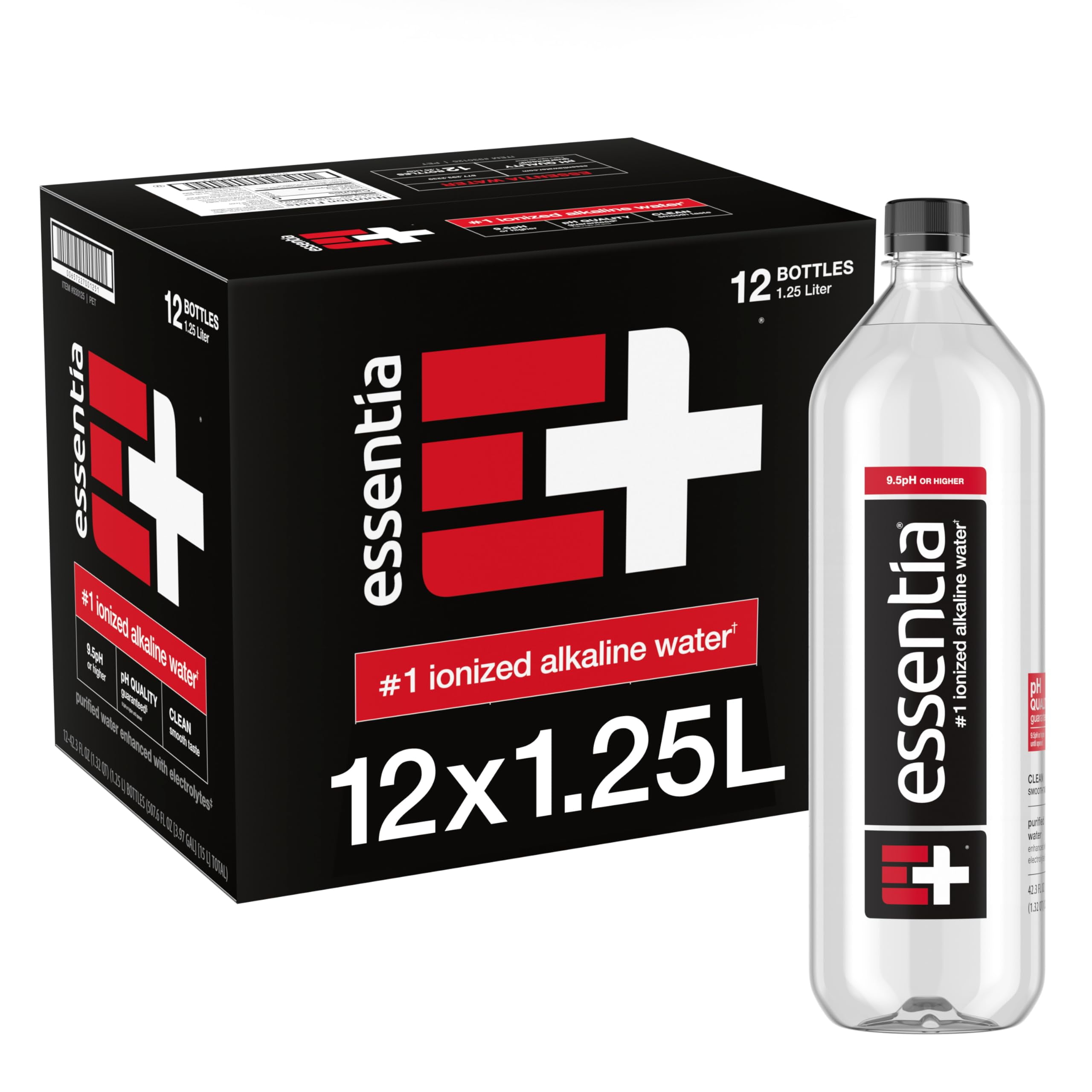 Essentia Water LLC SCH4&nbsp;, 99.9% Pure, Infused with Electrolytes for a Smooth Taste, pH 9.5 or Higher; Ionized Alkaline Water, Black, 42.3 Fl Oz (Pack of 12)