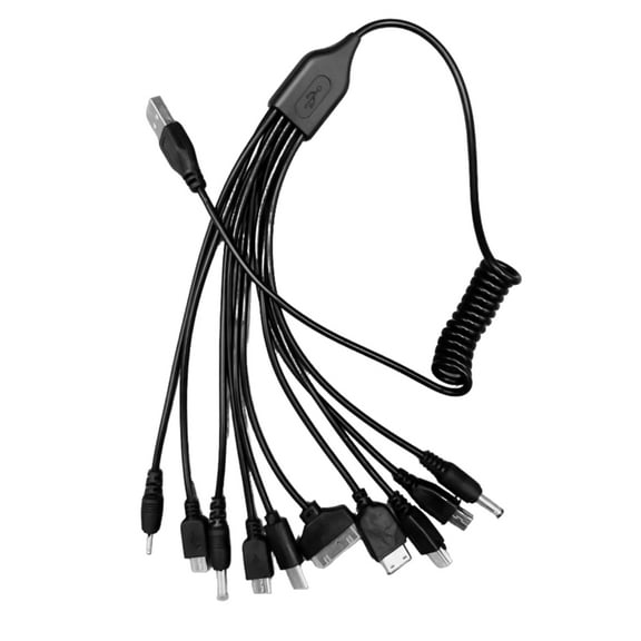 Essential 10 in 1 USB Power Cable Multi Purpose Charging Wire Line Spring Data Cord 54cm Short Length for Easy Carry