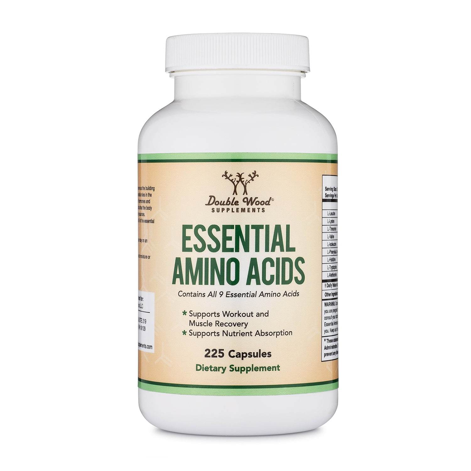 Essential Amino Acids - 1 Gram Per Serving Powder Blend of All 9 Essential Aminos (EAA) and all Branched-Chain Aminos (BCAAs) (Leucine, Isoleucine, Valine) 225 Capsules by Double Wood Supplements