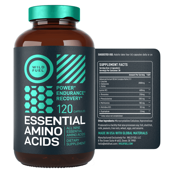 Essential Amino Acids Supplement - All 9 EAAs with BCAAs Amino Acids (Leucine, Lysine, Valine, Threonine) - 3,000mg Per Serving - Muscle Growth, Power, Recovery - 120 Vegan, Caffeine Free Capsules
