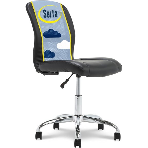 Essential Armless TaskChair, Small Desk Chairs with Wheels, Breathable Mesh Back and Faux Leather, Quality Foam Cushion Seat for Comfort, Minimal Design for Vanity Table, Black