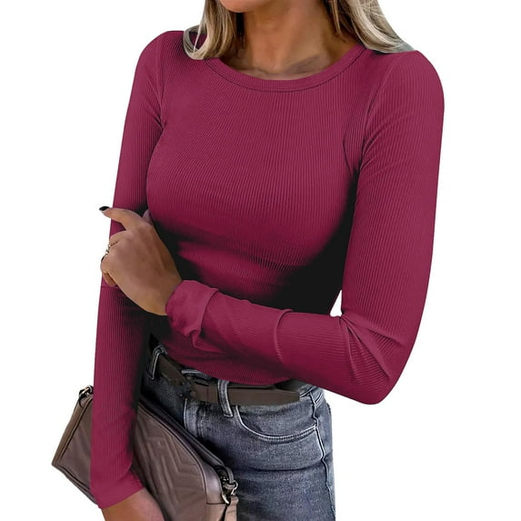 Essential Base Layer Womens Long Sleeve T-Shirt Ribbed Fitted Round Neck Stretch Undershirt Top for Fall Winter Outfit