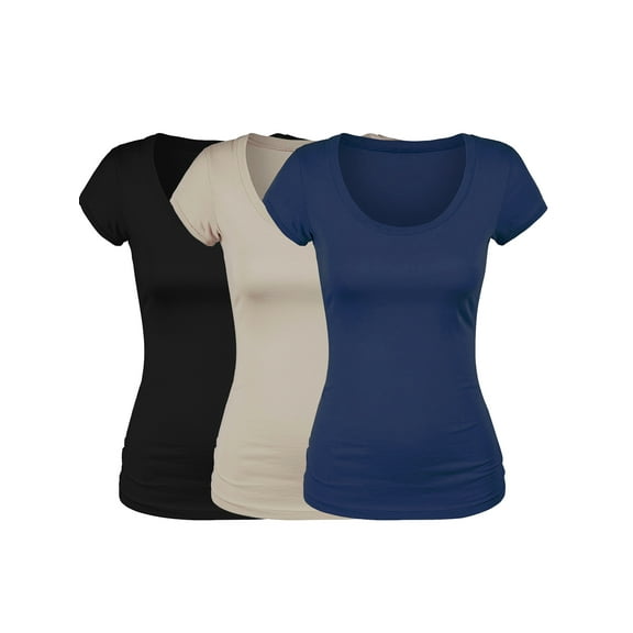 Essential Basic Scoop Neck Short Sleeve Basic Tee - 3 Pack - Blk, Navy, Khaki, Large