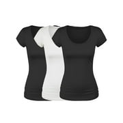 Essential Basic Scoop Neck Short Sleeve Basic Tee - 3 Pack - Blk, Wht, Blk, 2XL