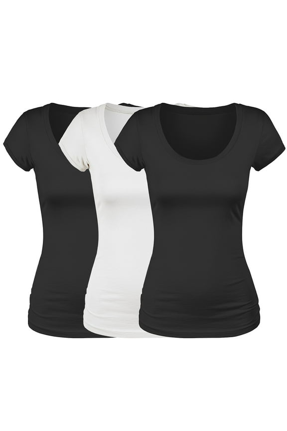 Scoop Neck Short Sleeve Basic Tee - 3 Pack - Blk, Wht, Blk, 2XL