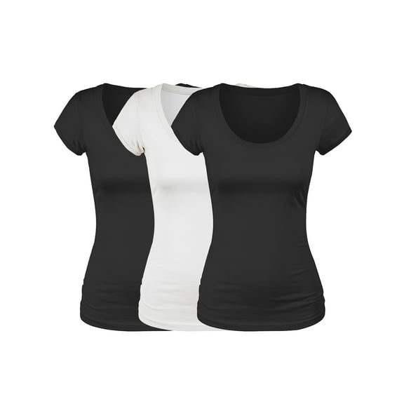 Essential Basic Scoop Neck Short Sleeve Basic Tee - 3 Pack - Blk, Wht, Blk, 2XL