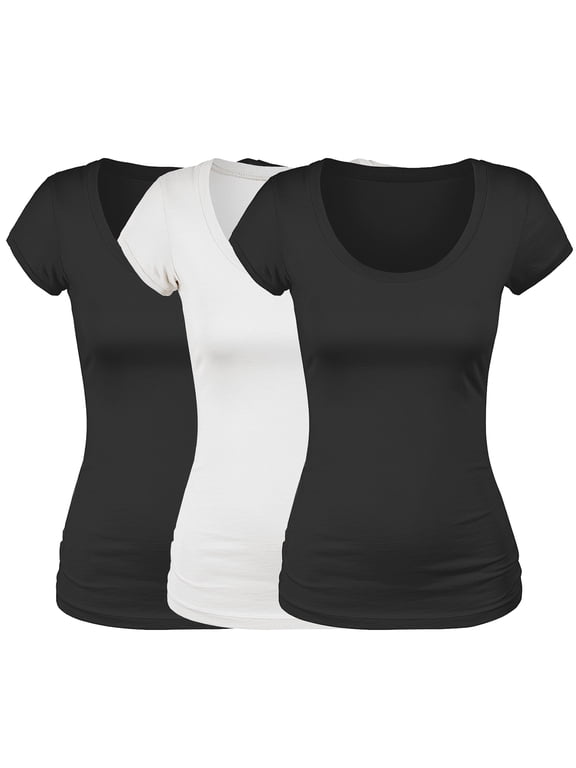 Scoop Neck Short Sleeve Basic Tee - 3 Pack - Blk, Wht, Blk, 2XL