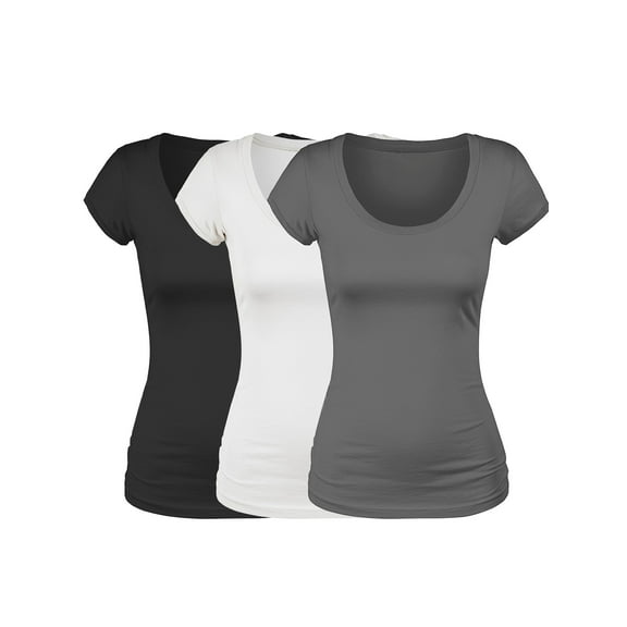 Essential Basic Scoop Neck Short Sleeve Basic Tee - 3 Pack - Blk, Wht, Charcoal, Small
