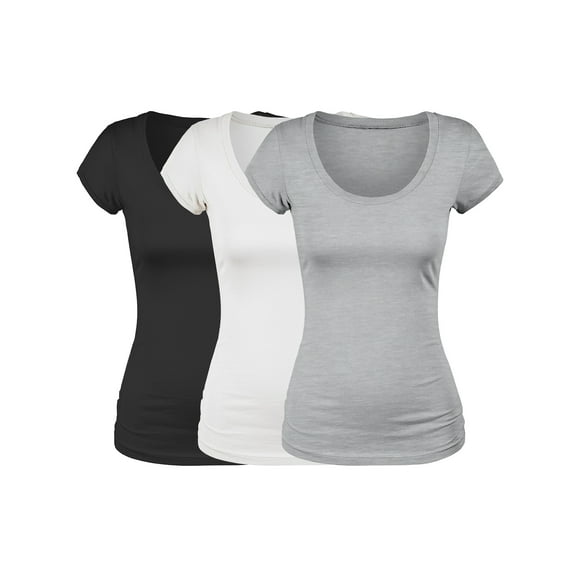 Essential Basic Scoop Neck Short Sleeve Basic Tee - 3 Pack - Blk, Wht, Hgray, Large