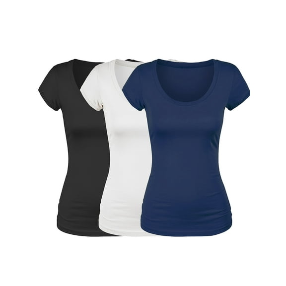 Essential Basic Scoop Neck Short Sleeve Basic Tee - 3 Pack - Blk, Wht, Navy, Large