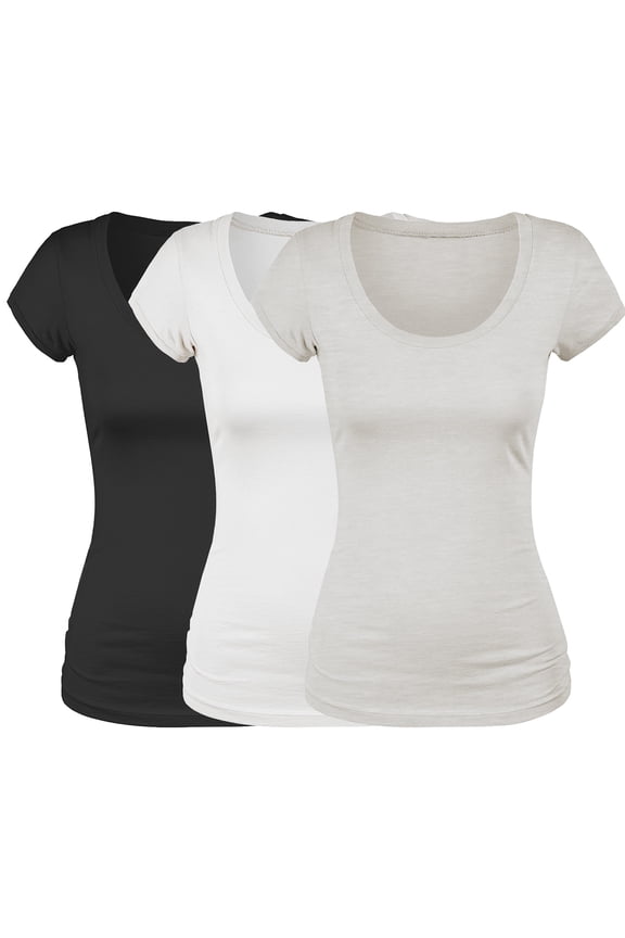 Scoop Neck Short Sleeve Basic Tee - 3 Pack - Blk, Wht, Oat, 1XL